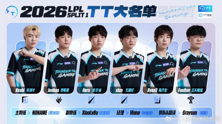 TT公布新赛季大名单:Keshi/Junhao/Heru/Ryan3/Feather